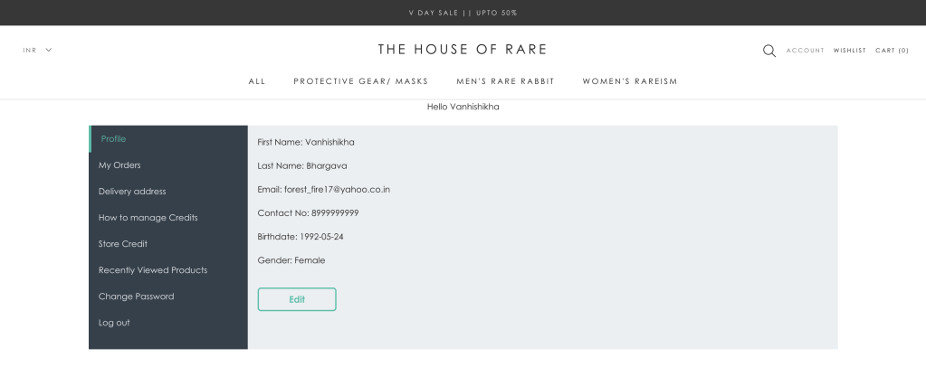 the house of rare shopify customer account page