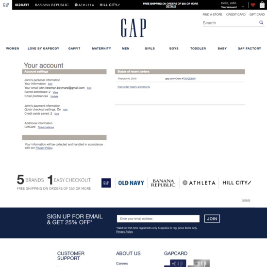 gap ecommerce customer account page