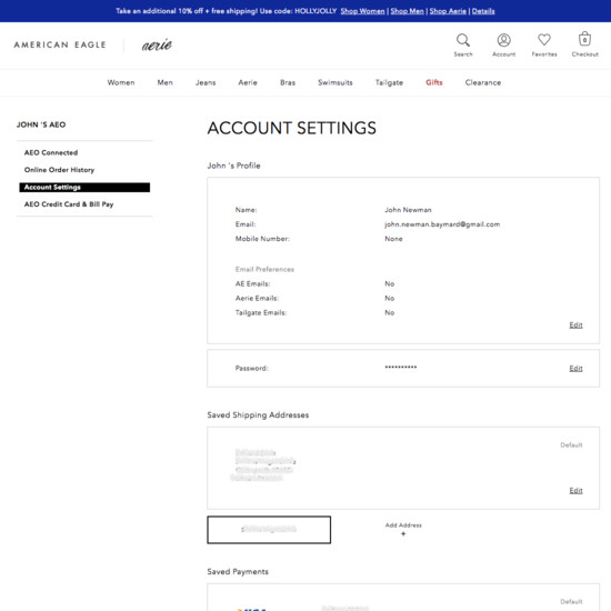 american eagle customer account page ecommerce