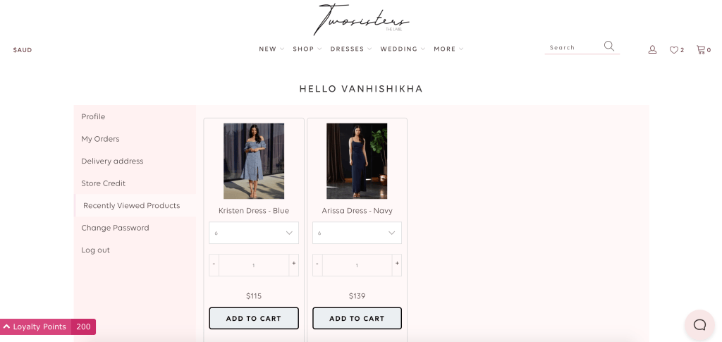 twosisters shopify customer account page