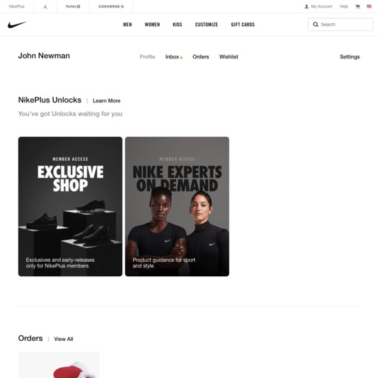 nike ecommerce customer account page