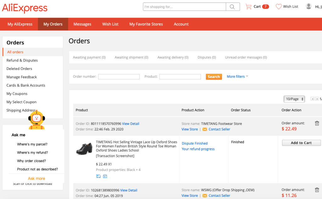 aliexpress customer account page