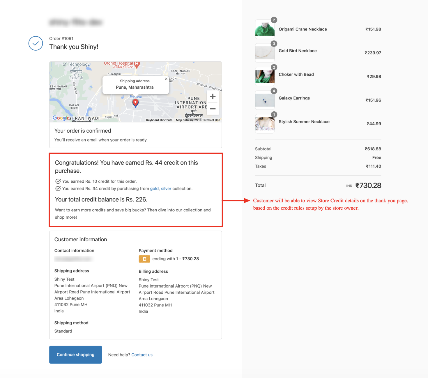 display store credits on shopify thank you page