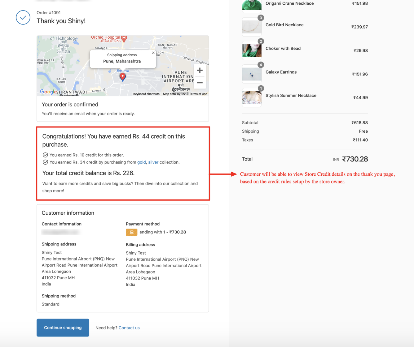 shopify store credits on thank you page