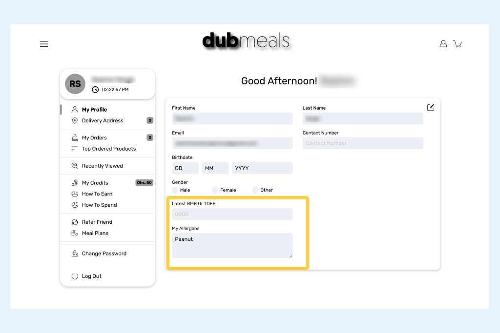 Dubmeals profile page custom fields