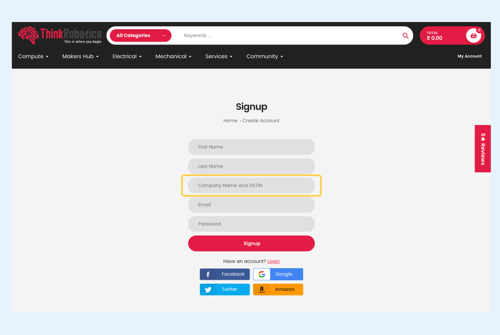 Think robotics sign up page custom fields