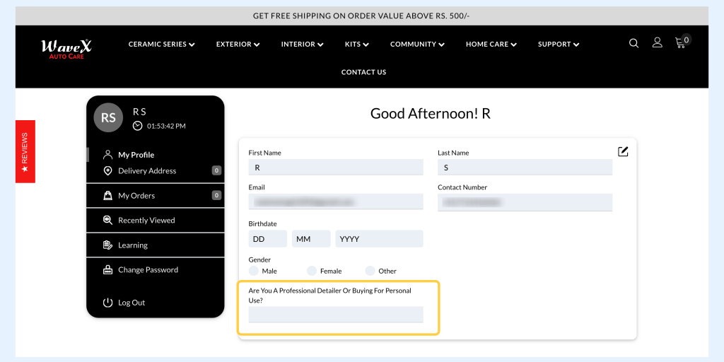 Waxex custom fields profile page