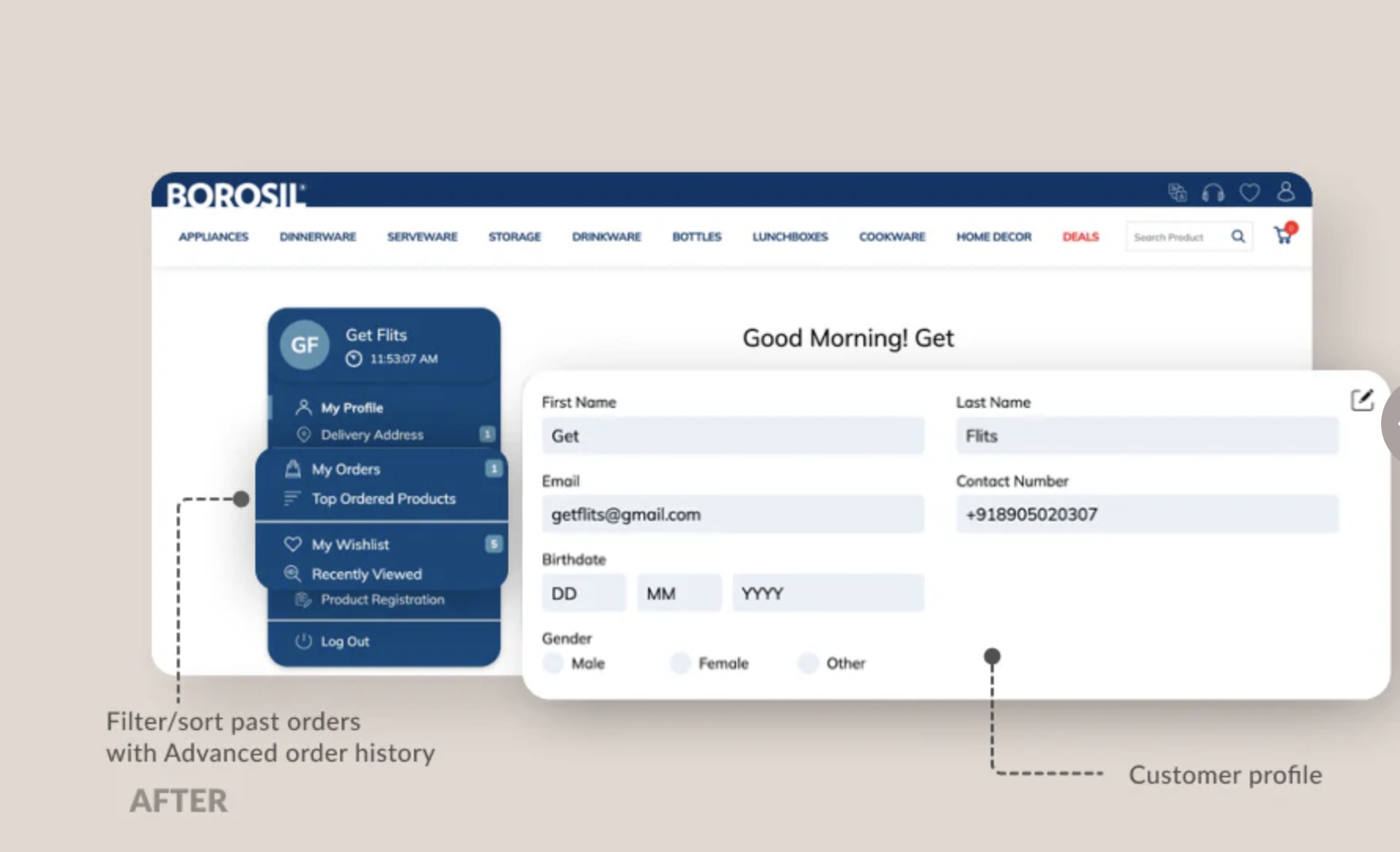 borosil shopify customer account page example