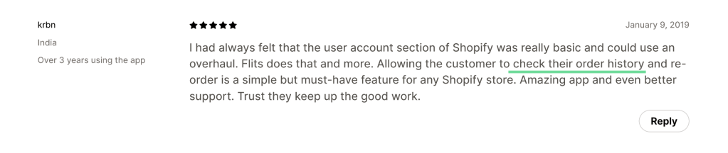 Order history testimonial on Shopify app store