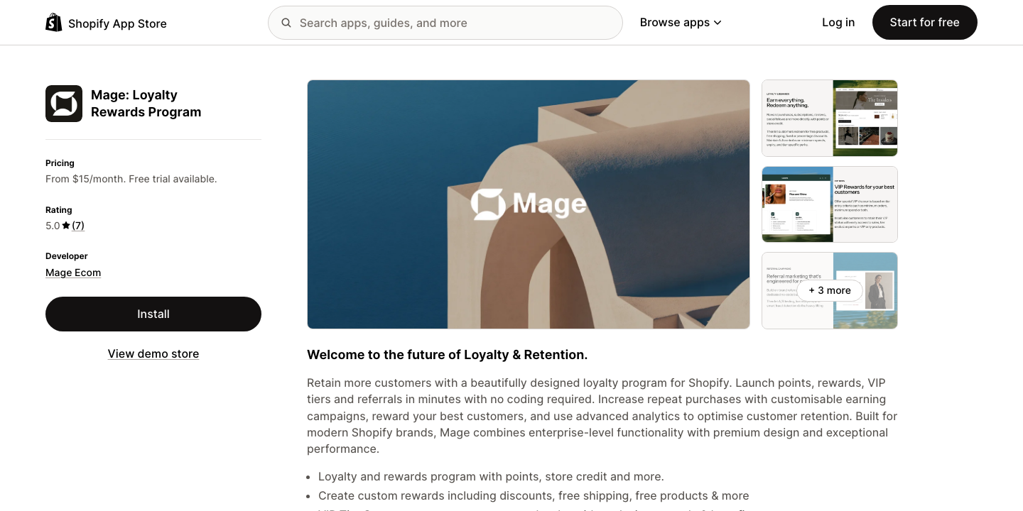 Mage Loyalty app listing on the Shopify App Store