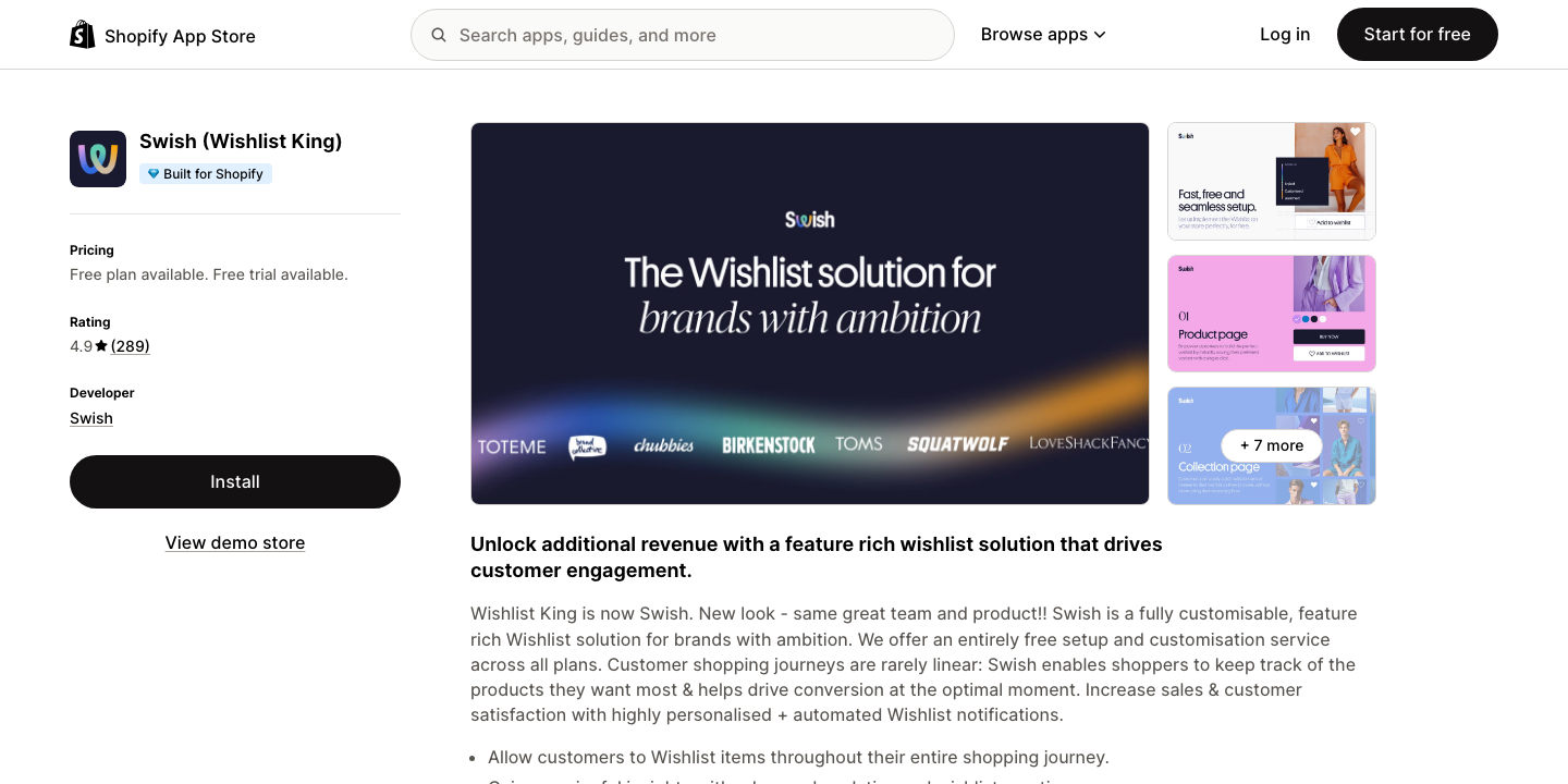 Swish listing on the Shopify App Store