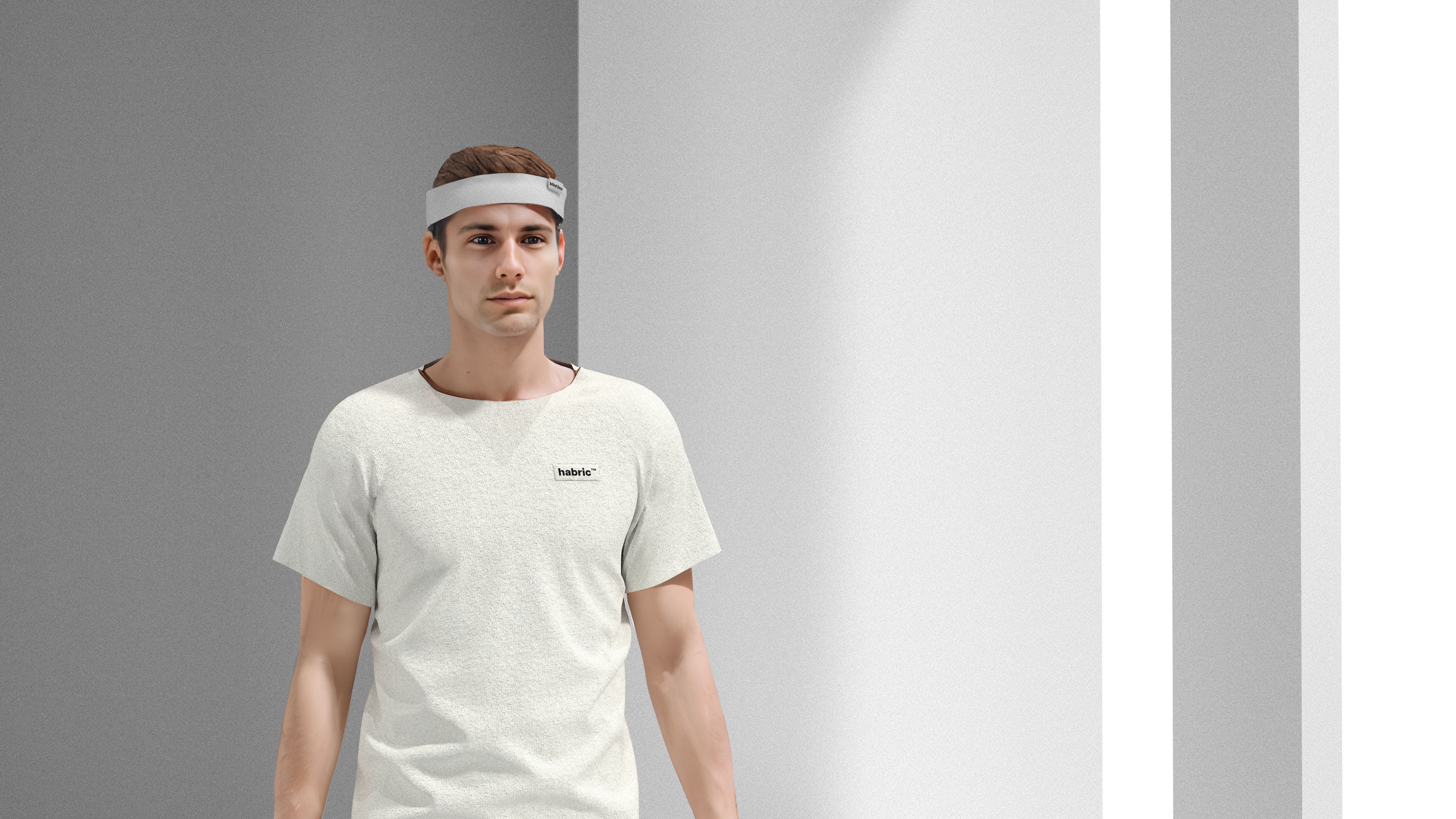 Rendering of a digital avatar wearing the blind Sonar headband device designed to assist visually impaired users