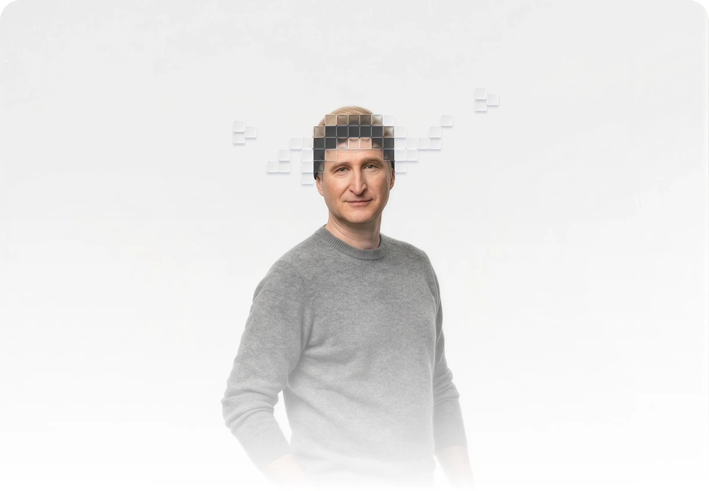 Person wearing the blind Sonar™ headband, the head overlaid with a grid of pixel squares
