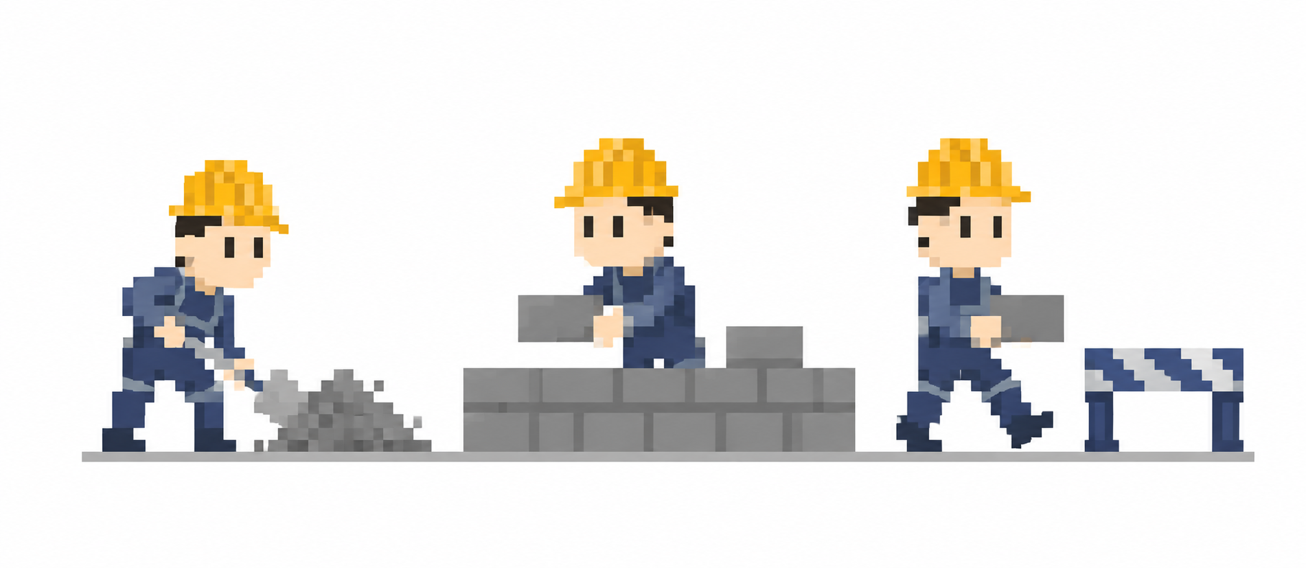 Three pixel-art construction workers in blue overalls building a small wall.