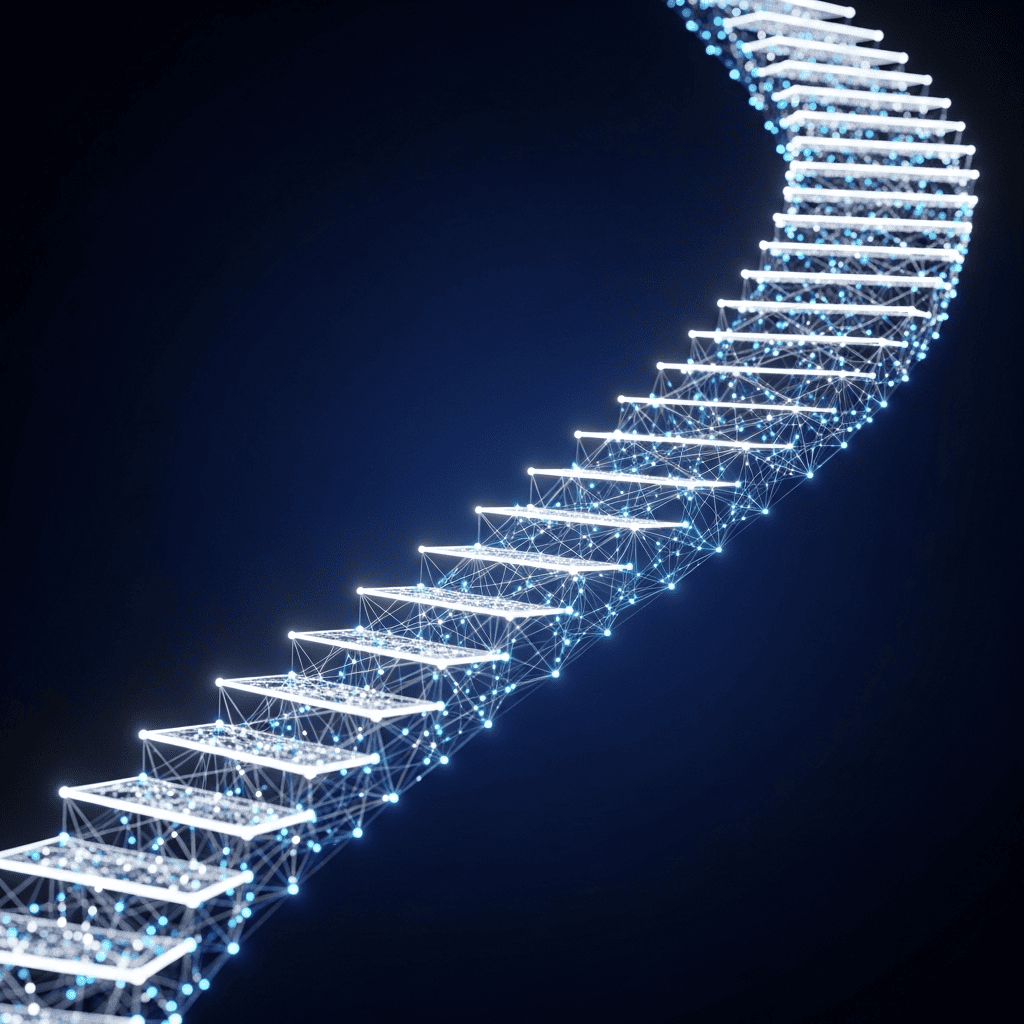 An AI-generated image from Google Imagen showing a glowing staircase of nodes and connections winding into the sky