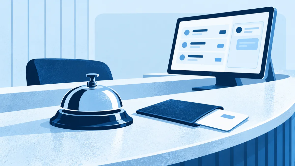 Illustration of a hotel reception desk with a service bell, key card and booking screen