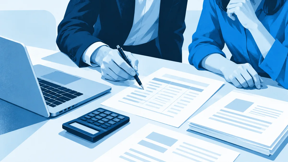 Illustration of two professionals reviewing financial reports with a calculator and laptop