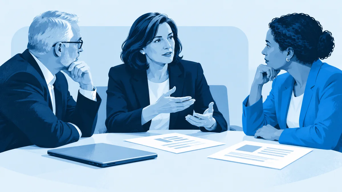 Illustration of three executives in discussion around a boardroom table
