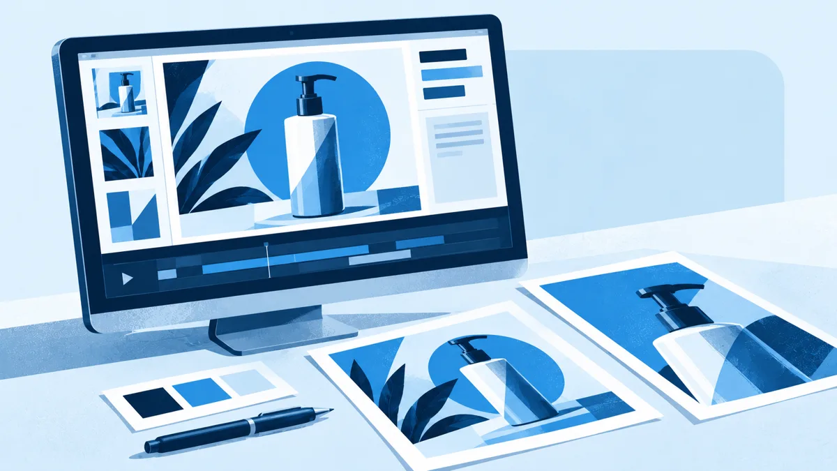 Illustration of a creative campaign being edited on a monitor, with printed campaign visuals on the desk