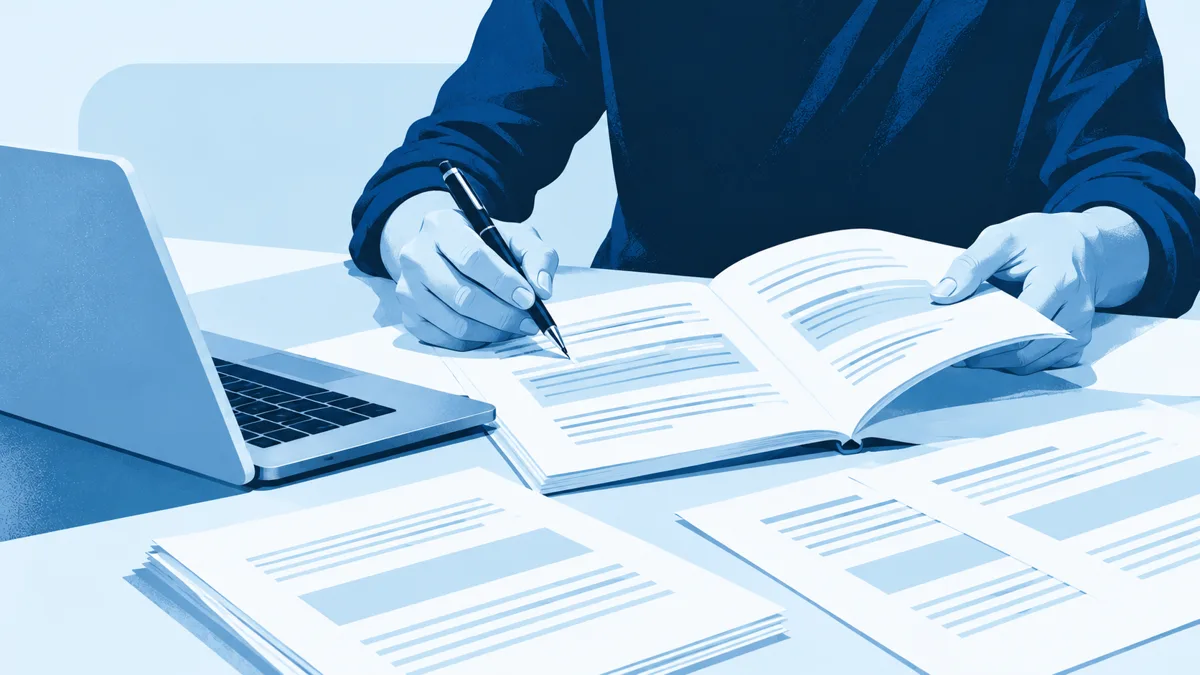 Illustration of a person annotating policy documents beside a laptop