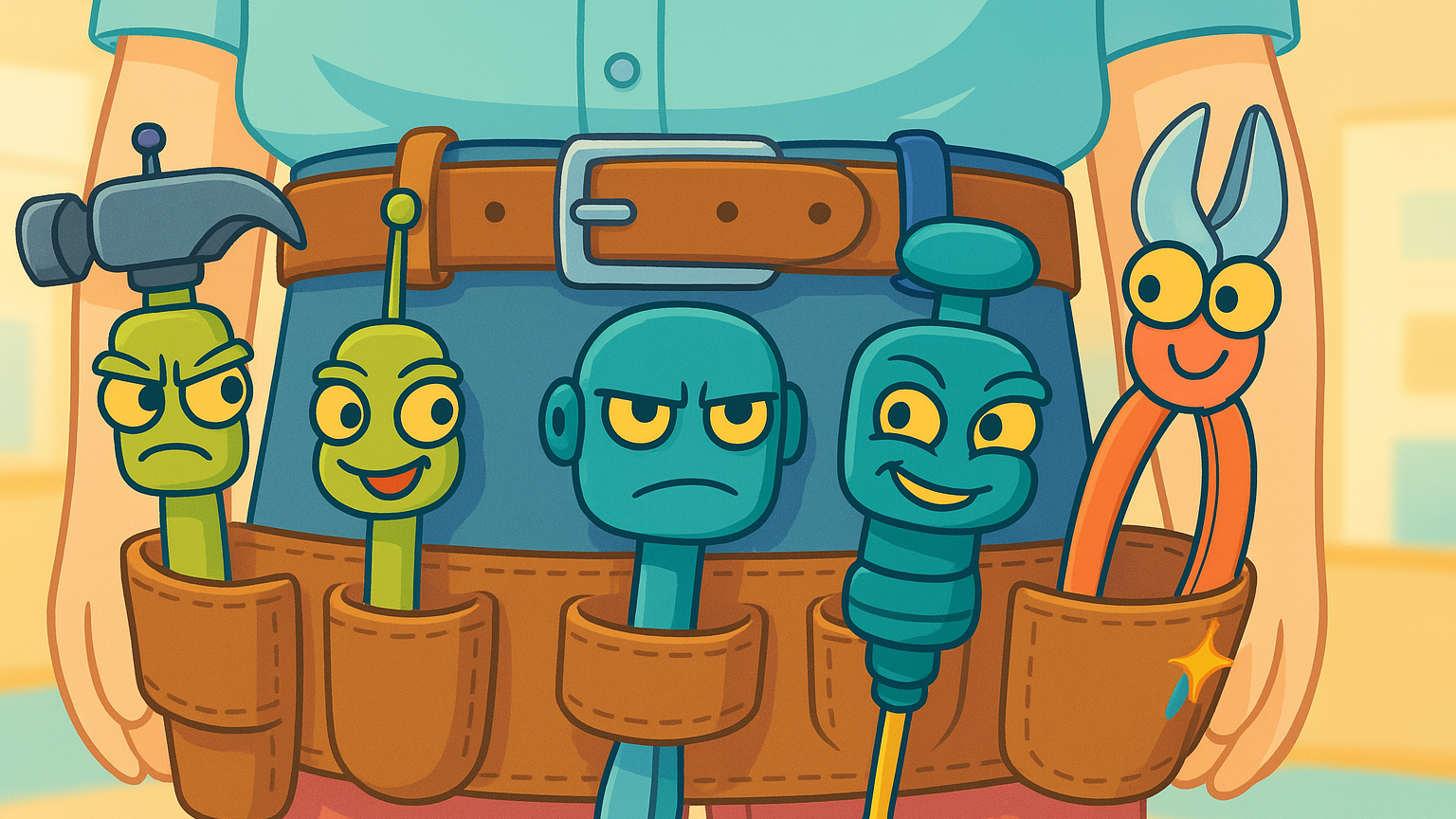 An AI generated image of a toolbelt filled with a mix of friendly and less friendly anthropomorphised tools. 