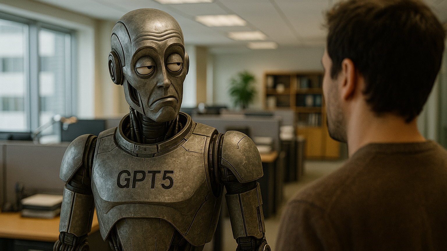 A robot looks sarcastically at its coworker