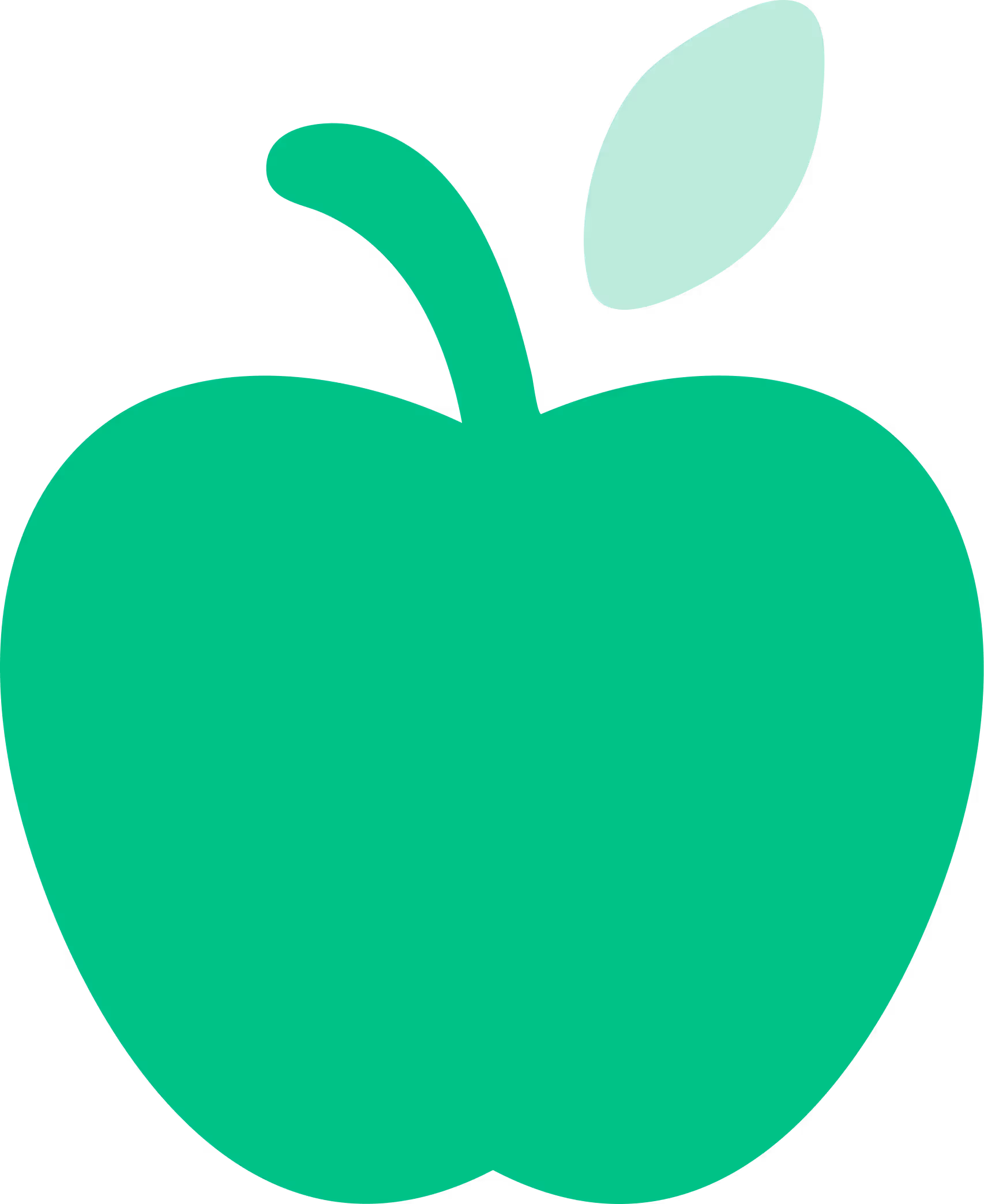 رمز تفاحة خضراء بسيطة مع ورقة خضراء فاتحة على خلفية شفافة.