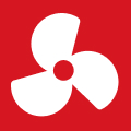 White propeller icon on red background.
