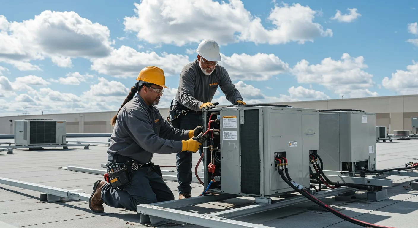 Two technicians servicing rooftop HVAC unit.