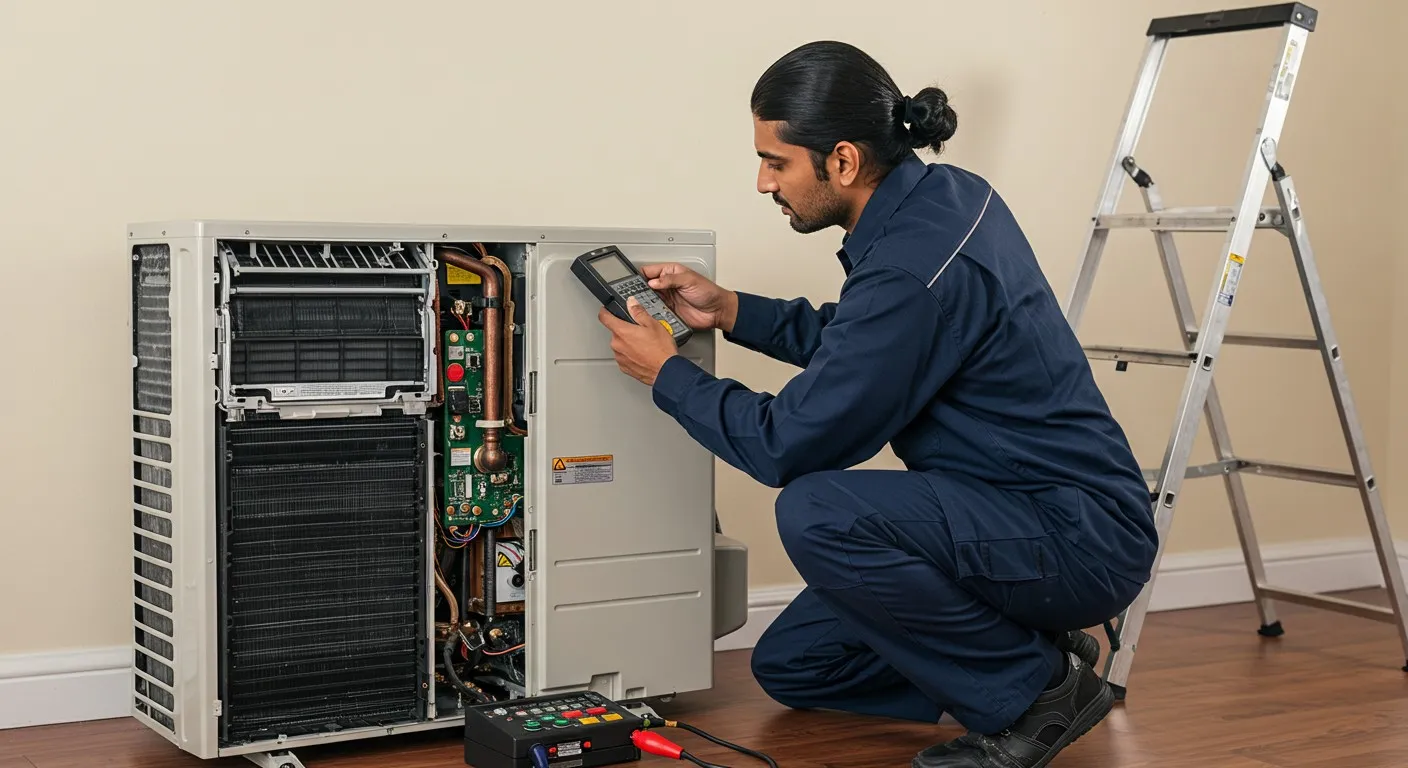 Technician diagnosing a mini-split AC unit.