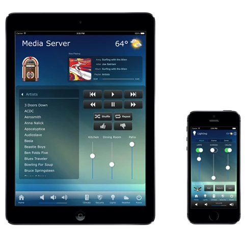A tablet and cellphone, displaying home automation app.