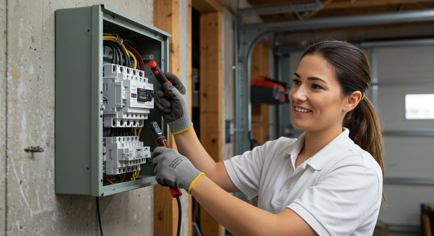A female electrician with a ponytail is working on an electrical box
