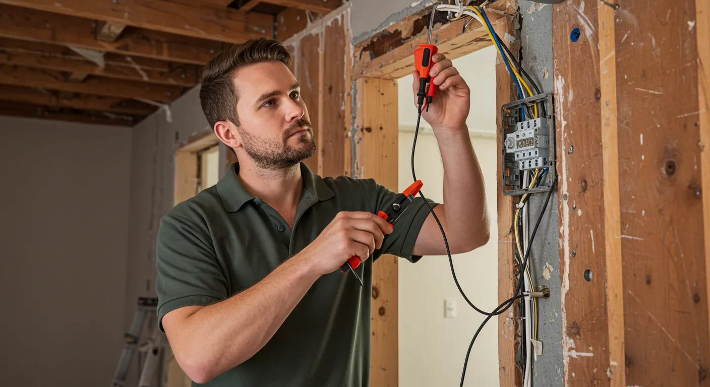 A male electrician with safety glasses is working on an electrical panel