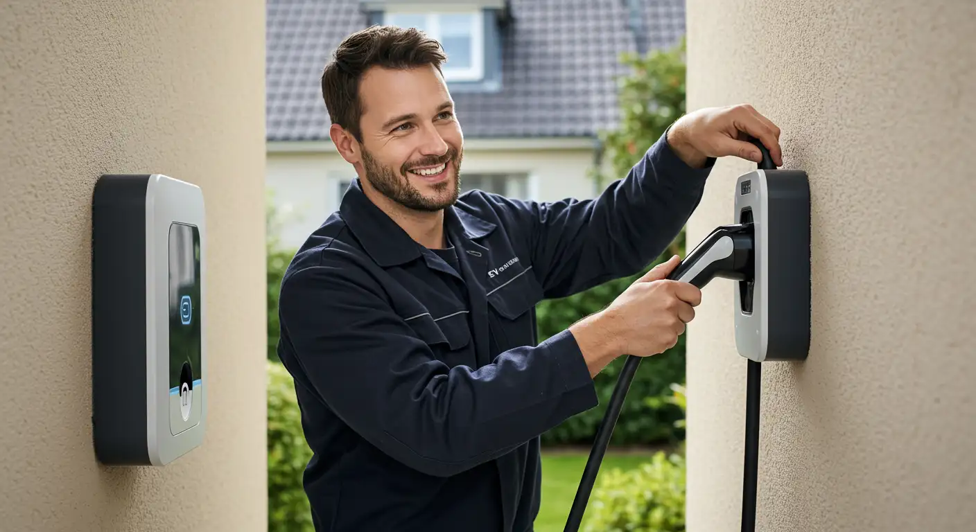 Male technician in a dark blue uniform installing an EV charging unit on a light-colored exterior wall of a suburban home