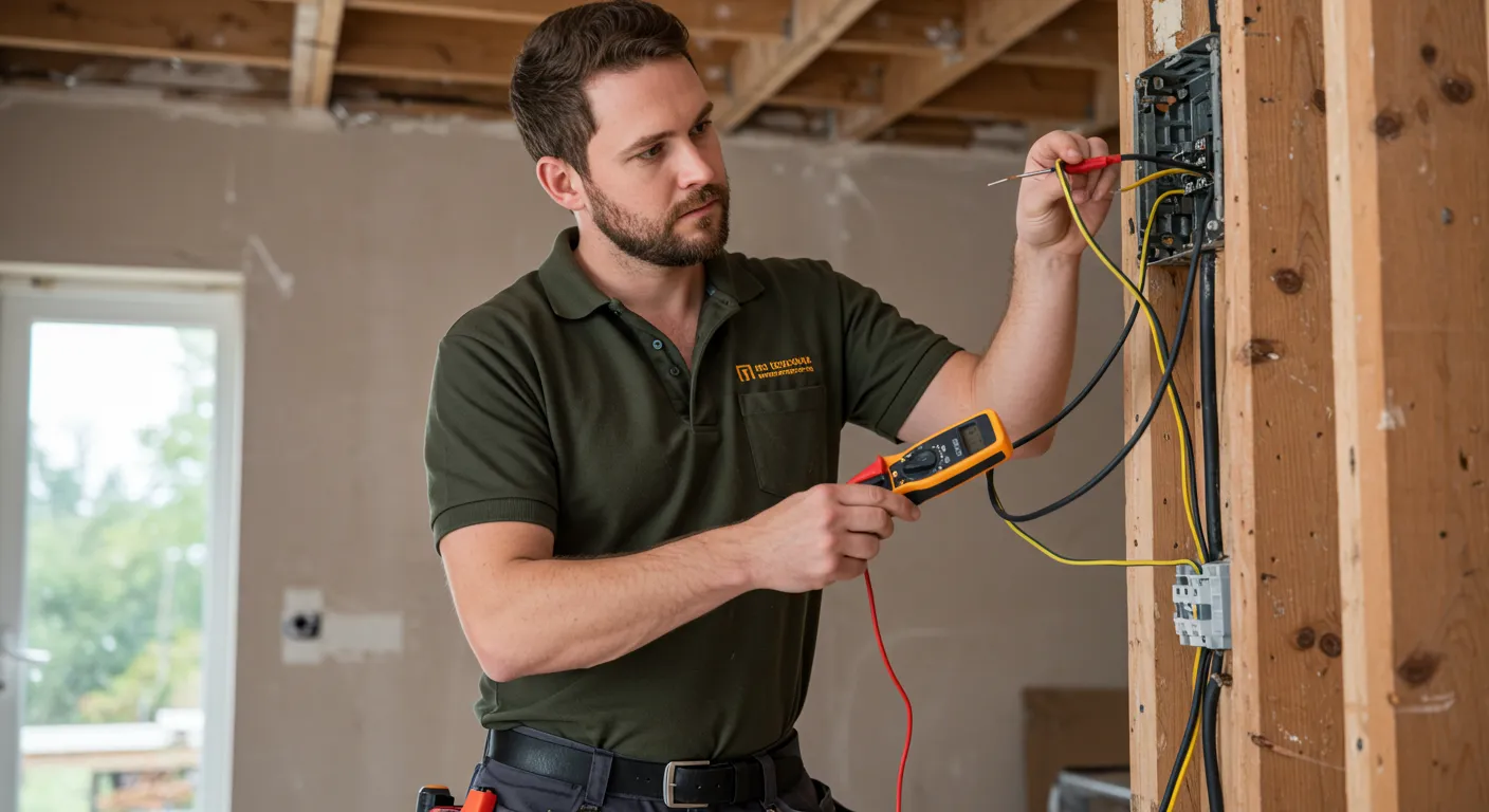 An electrician is using a tool to test wiring in a house