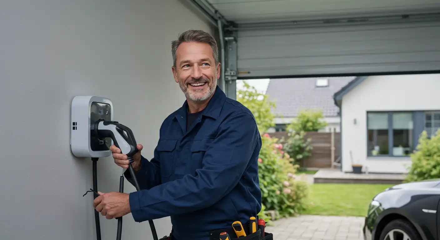 Happy, middle-aged technician in a garage connecting a cable to a wall-mounted EV charging station next to a parked car