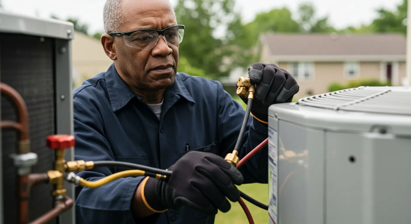 Senior HVAC technician connects refrigerant gauges.