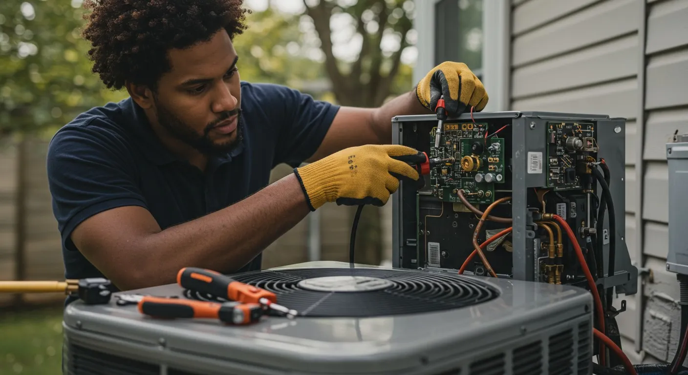 Technician checks circuit board of AC unit.