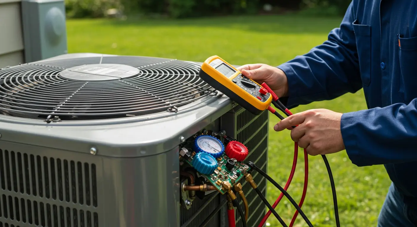 Technician uses multimeter on HVAC unit.