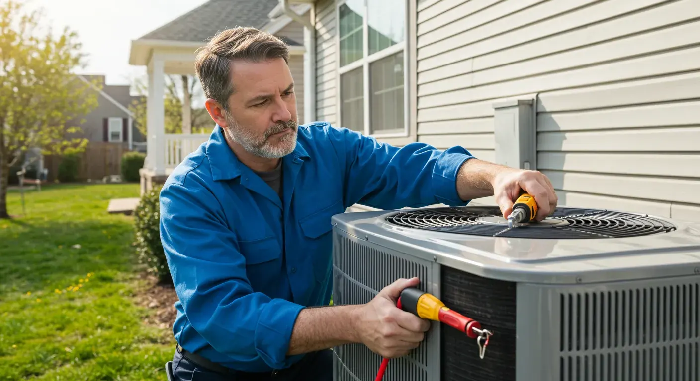 A male technician with a beard works on the top fan and side panel of an outdoor residential AC unit.