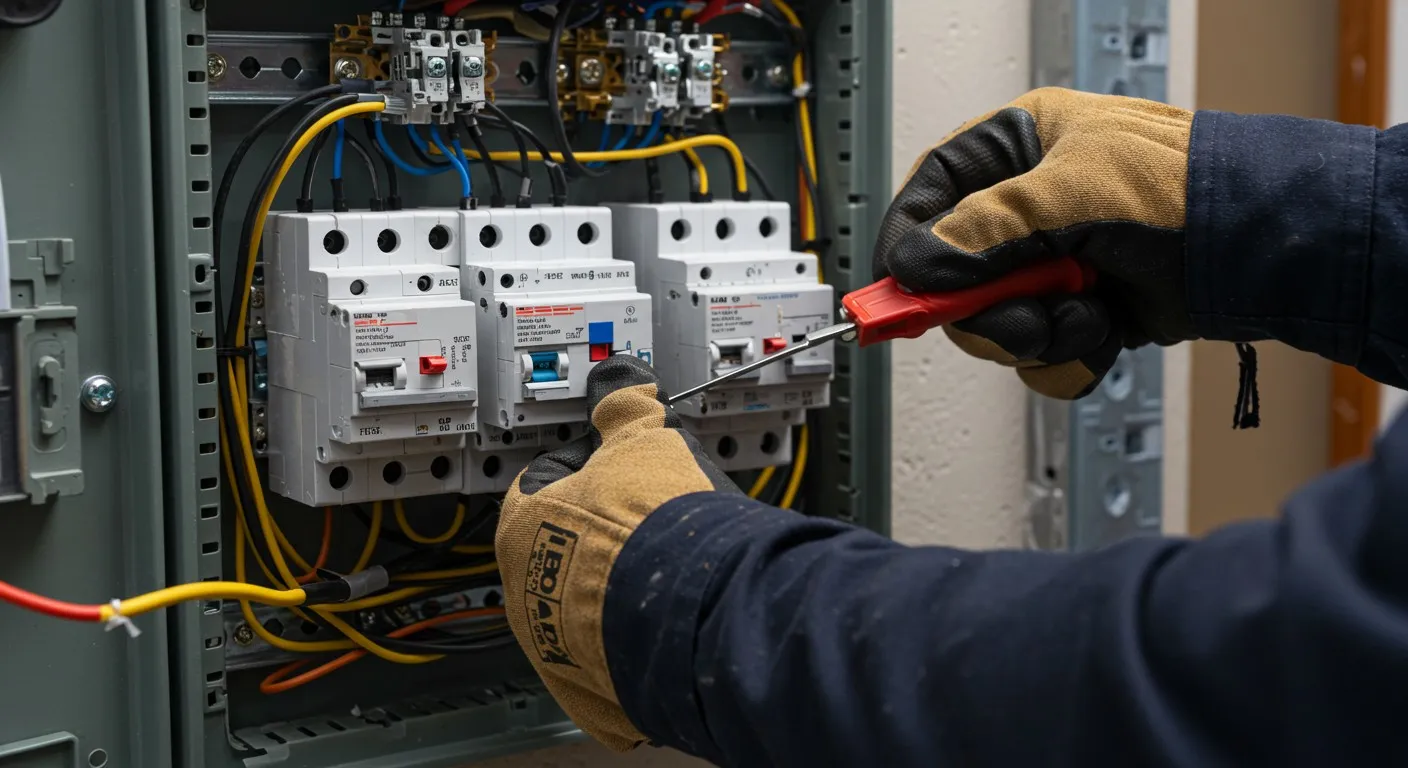 Electrician working on electrical panel breakers.