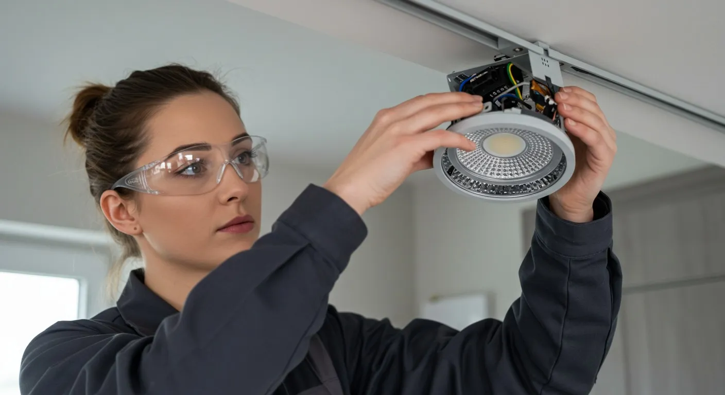 Female electrician installing a recessed light.