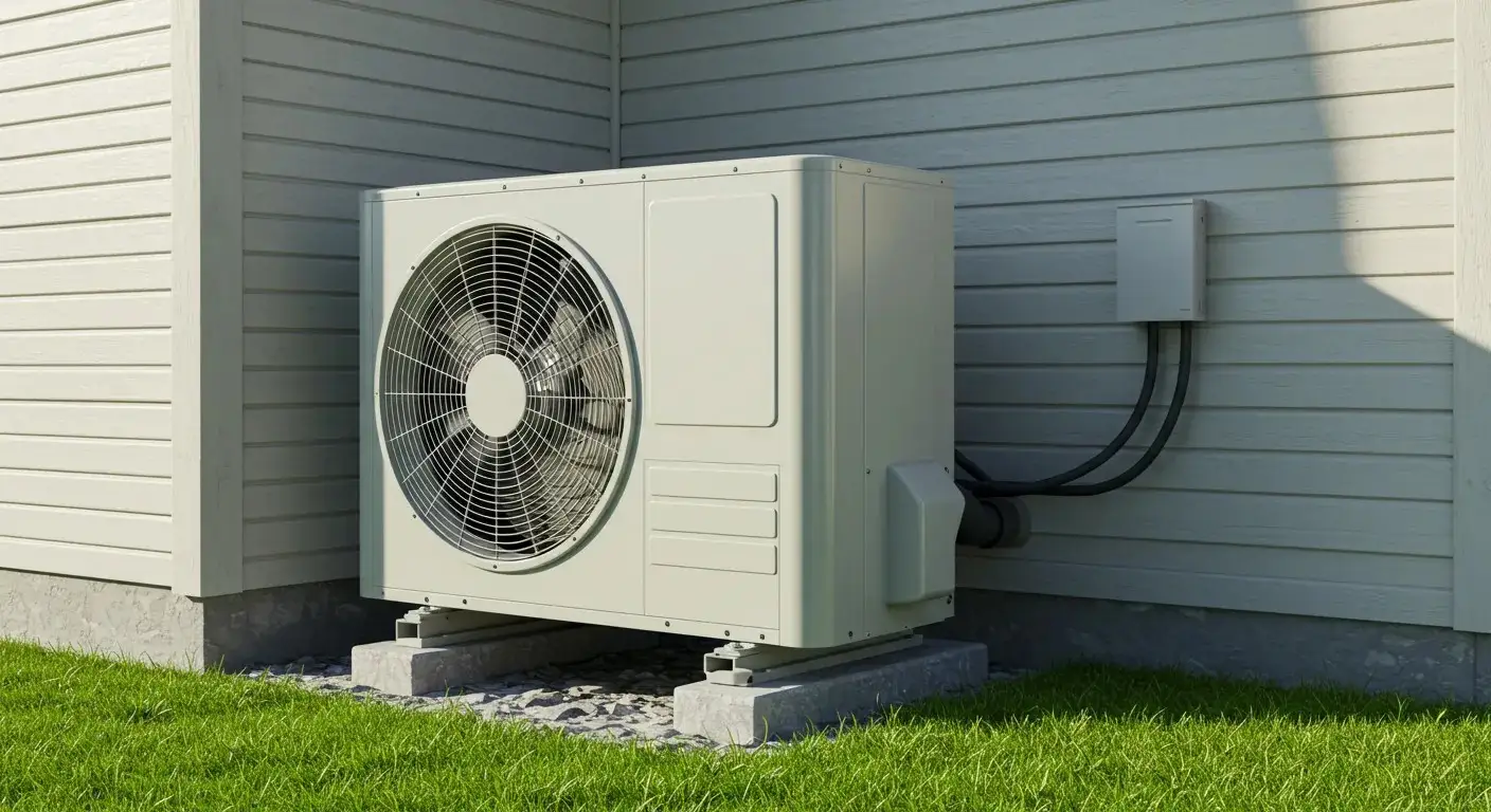 A sleek, white heat pump unit is elevated on concrete blocks on a gravel bed next to a white-sided house and a lush green lawn.
