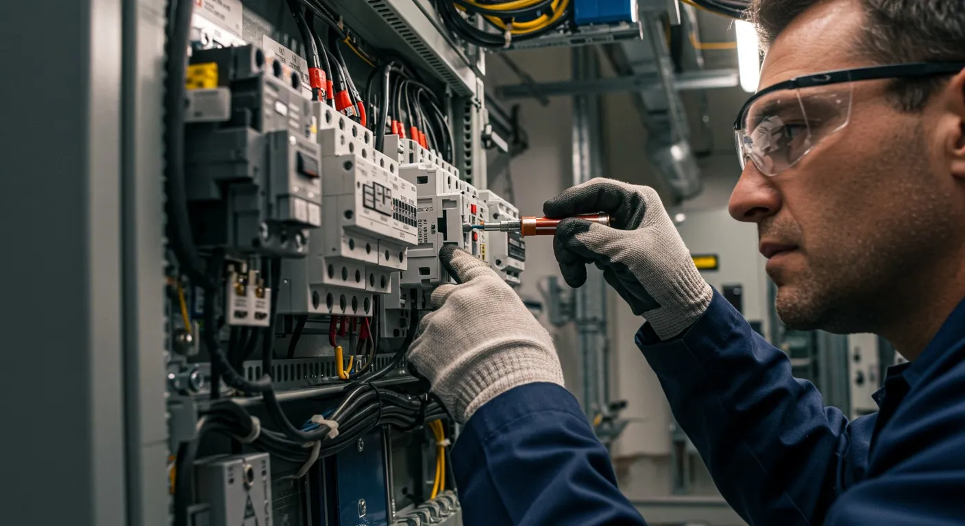 Electrician works on industrial control panel.