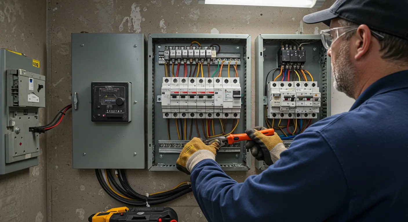 Electrician working on an electrical panel.