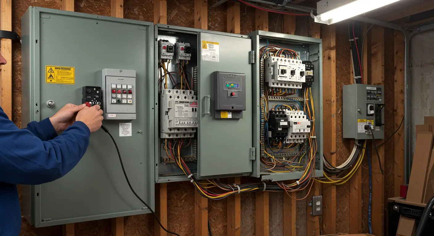 A person is testing components in a large, open industrial or commercial electrical control panel mounted on a wooden stud wall.