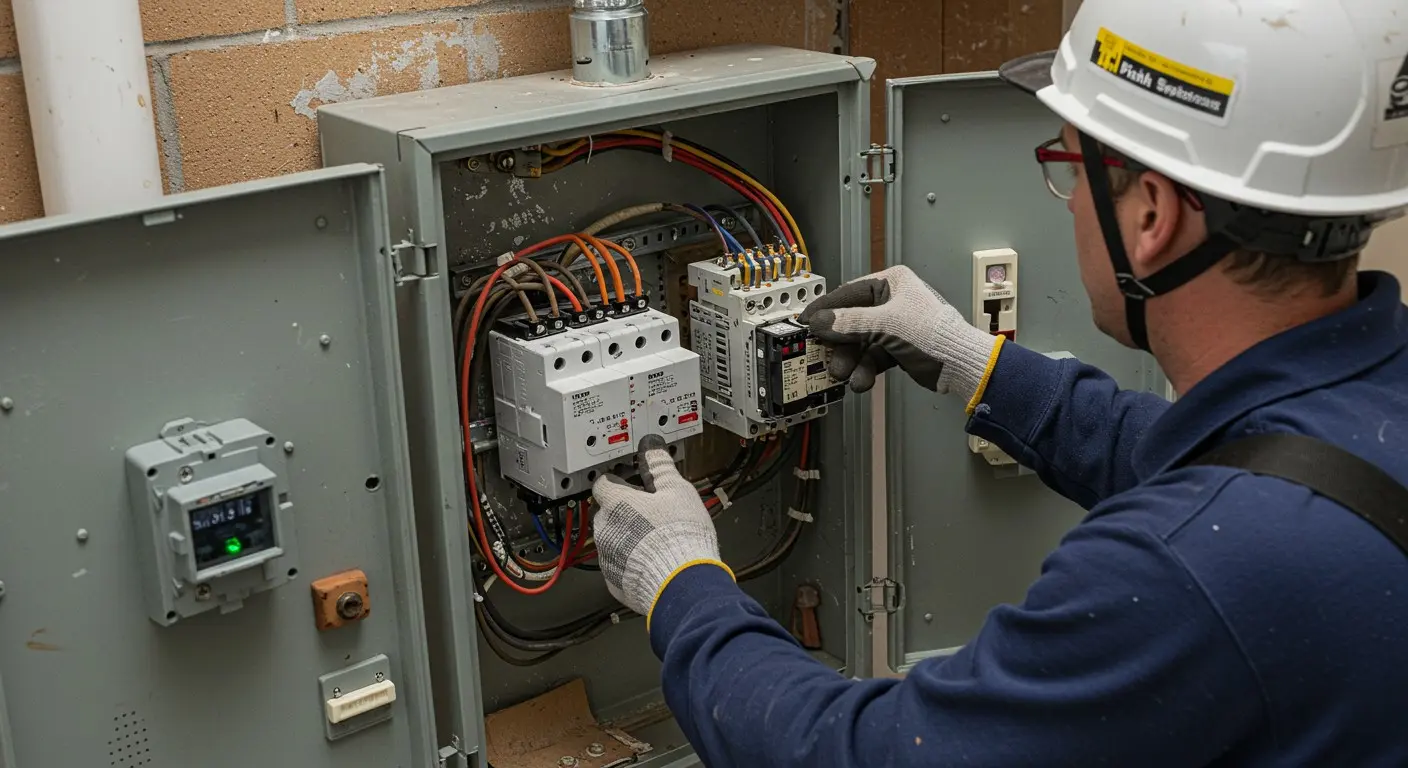 Electrician installing breakers in service panel.
