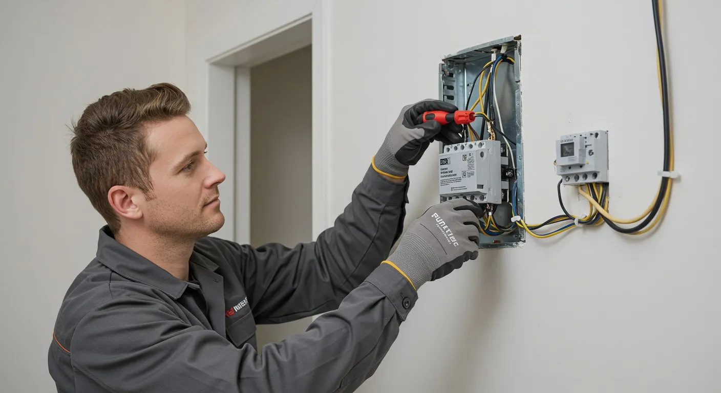 Electrician installs a whole-house surge protector.