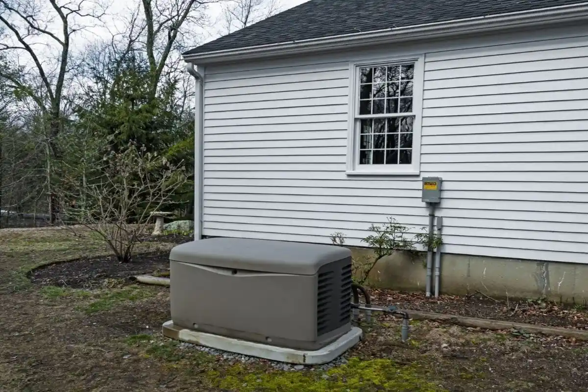 Gray standby generator outside white house.
