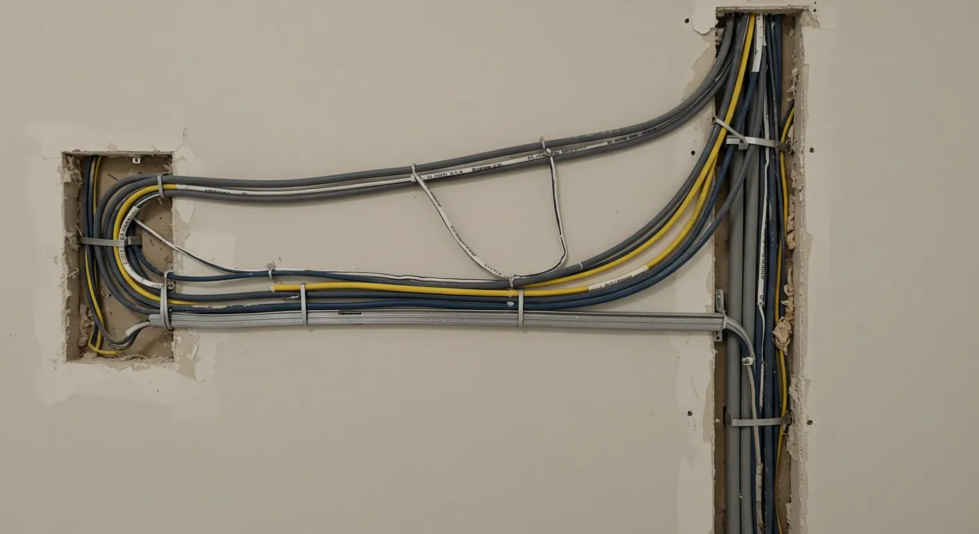 Organized bundles of gray, yellow, and blue electrical wires are routed and secured within cutouts in a light-colored drywall during rough-in.